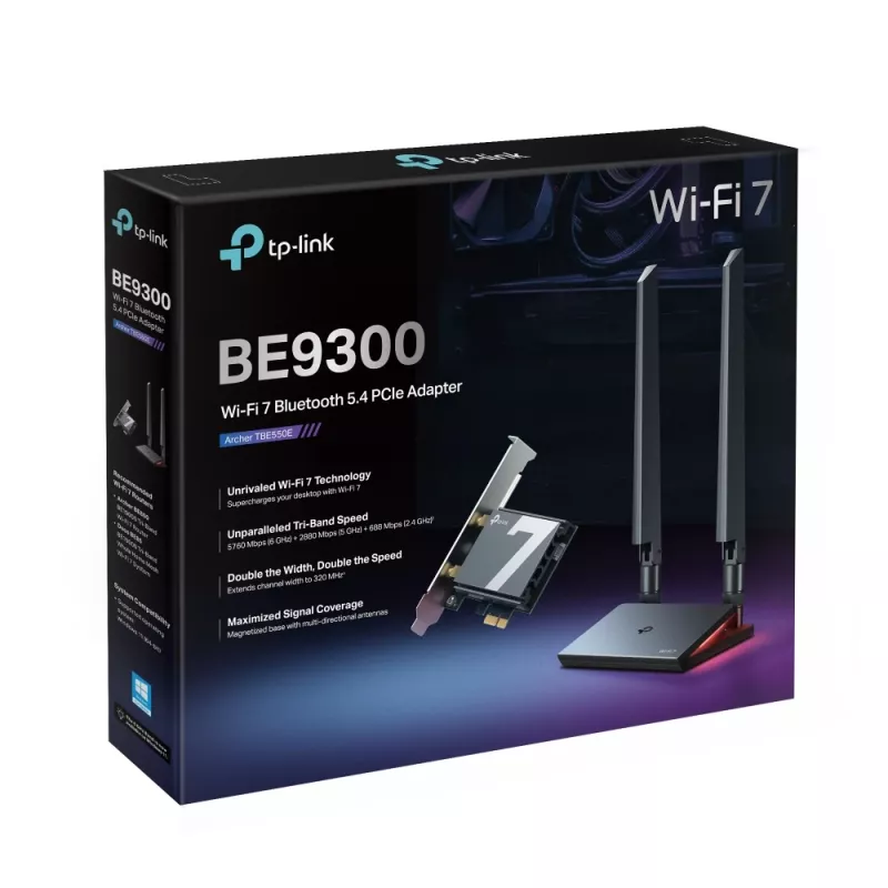 TP-Link Archer BE9300 Wi-Fi 7 Bluetooth 5.4 PCIe Adapter, Internal, Wireless, PCI Express, WLAN / Bluetooth, 9300 Mbit/s, Black