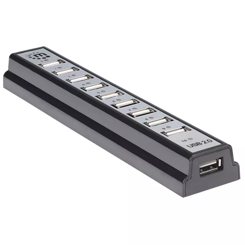 Manhattan USB-A 10-Port Desktop Hub, 10x USB-A Ports, 480 Mbps (USB 2.0), Powered via USB or external power supply (not included) for increased power to connected devices
