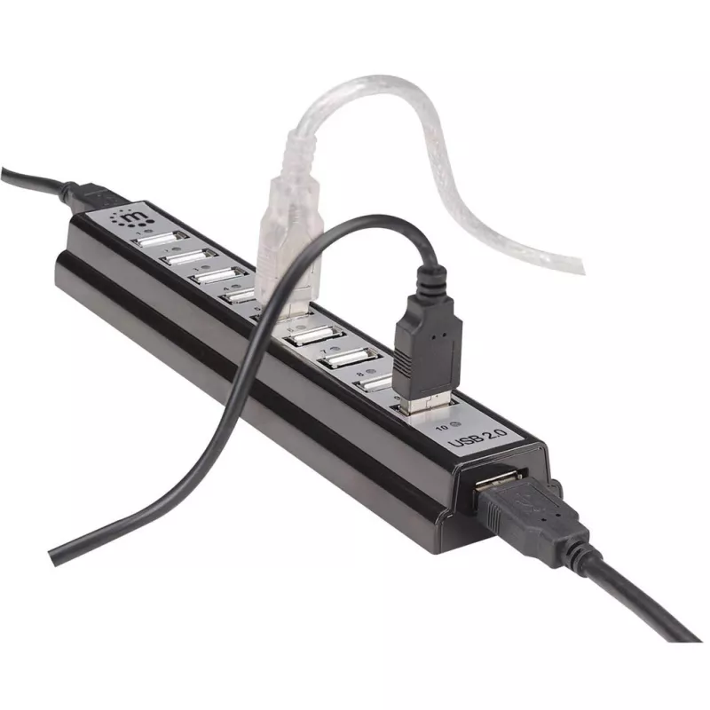 Manhattan USB-A 10-Port Desktop Hub, 10x USB-A Ports, 480 Mbps (USB 2.0), Powered via USB or external power supply (not included) for increased power to connected devices