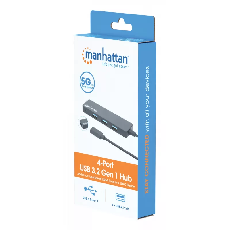 Manhattan USB-C Dock/Hub, Ports (4): USB-A (x4), 5 Gbps (USB 3.2 Gen1 aka USB 3.0), USB powered (no external power supply required), Equivalent to HB30CM4AB