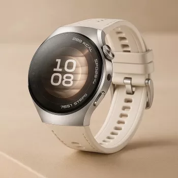 Smartwatch HUAWEI WATCH 5 — round 42 mm stainless steel case, 1.38 inch AMOLED, GPS, Bluetooth, 540 mAh battery, beige case with white band