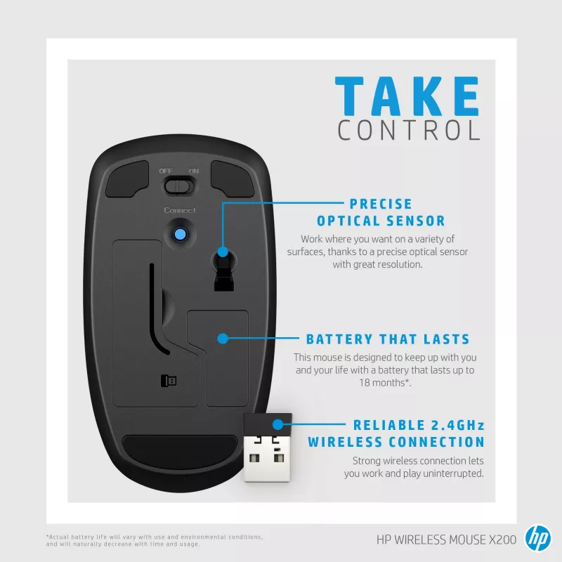 HP Wireless Mouse X200, Ambidextrous, Optical, RF Wireless, 1600 DPI, Black