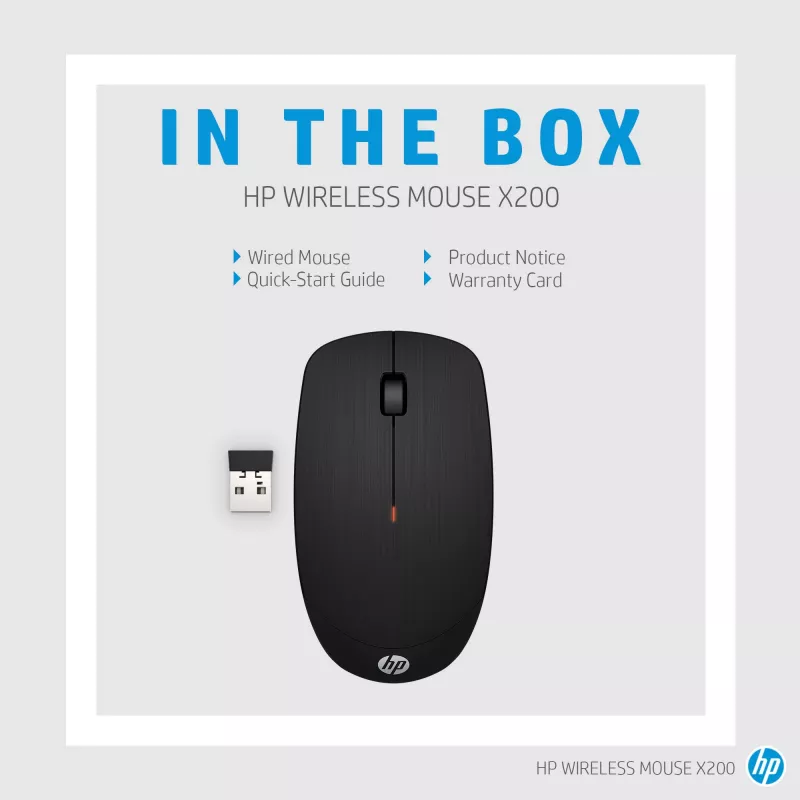 HP Wireless Mouse X200, Ambidextrous, Optical, RF Wireless, 1600 DPI, Black