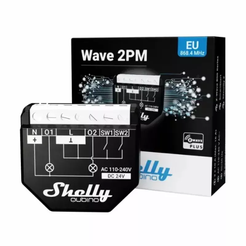 Smart switch Shelly WAVE 2PM Black (Shelly) — wireless Z-Wave, 16 A, 110–240 V, 868.4 MHz