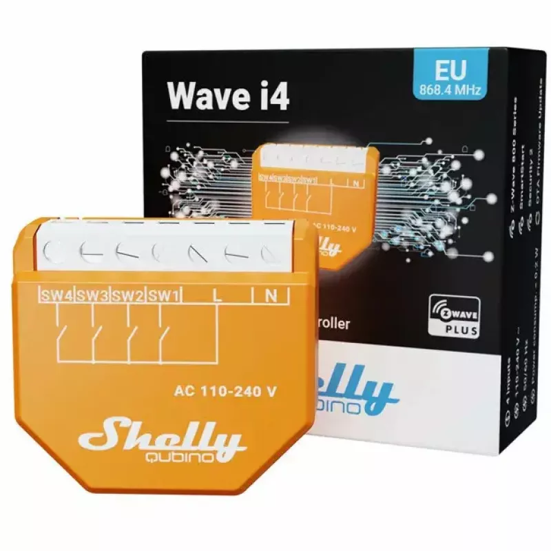 Smart switch Shelly Qubino Wave i4 — wireless scene controller 110–240V, 16A, 50/60Hz, orange