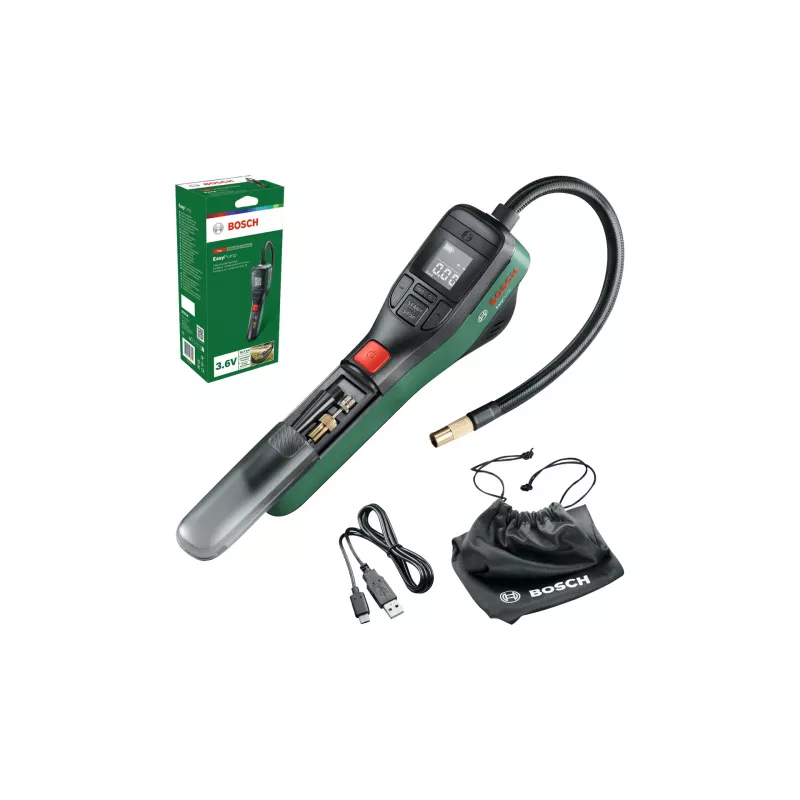 Electric air pump Bosch 0.603.947.000 — portable rechargeable 10 bar (150–150 psi), 3000 mAh, USB‑C, 10 l/min, with hose and accessories