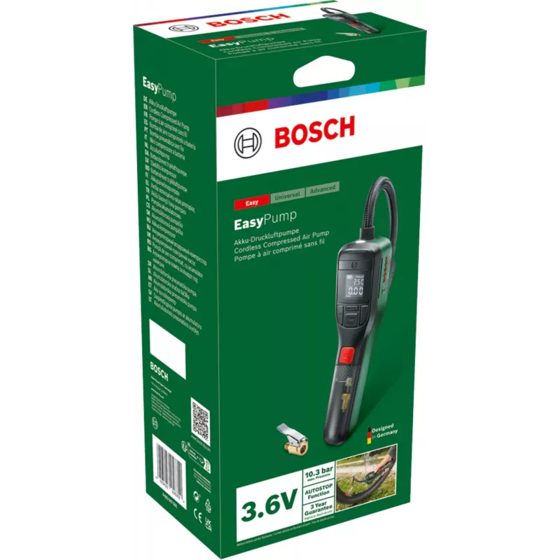 Electric air pump Bosch 0.603.947.000 — portable rechargeable 10 bar (150–150 psi), 3000 mAh, USB‑C, 10 l/min, with hose and accessories