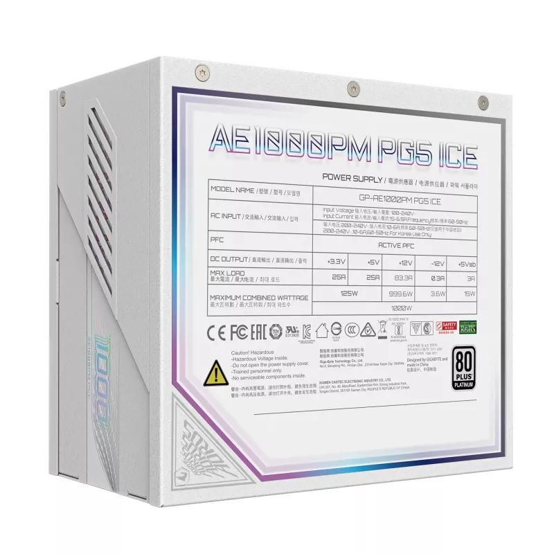 Power supply unit GIGABYTE AORUS ELITE P1000W ATX 3.1 1000W 80 PLUS Platinum Fully‑Modular White, 6x (6+2) PCIe, 8 SATA