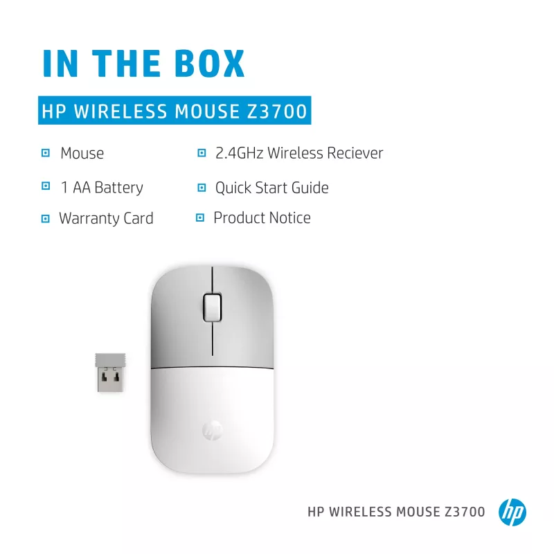 HP Z3700 Ceramic White Wireless Mouse, Ambidextrous, Optical, RF Wireless, 1200 DPI, Silver, White