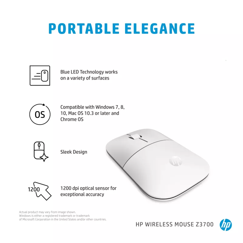 HP Z3700 Ceramic White Wireless Mouse, Ambidextrous, Optical, RF Wireless, 1200 DPI, Silver, White