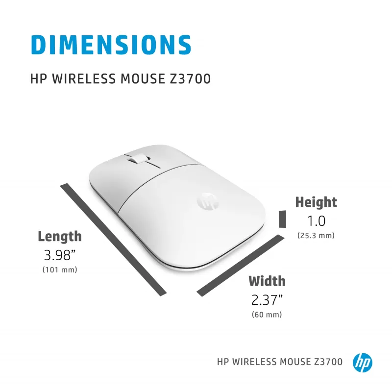 HP Z3700 Ceramic White Wireless Mouse, Ambidextrous, Optical, RF Wireless, 1200 DPI, Silver, White