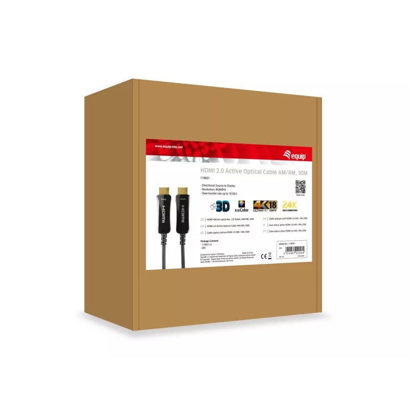 Equip HDMI 2.0 Active Optical Cable AM/AM, 50m, 4K/60Hz, 50 m, HDMI Type A (Standard), HDMI Type A (Standard), 3D, Black