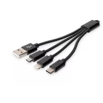DIGITUS USB charger cable USB A - Lightning+micro B+Type-C M/M/M/M 15cm 3 in 1 cable, cotton, CE, black