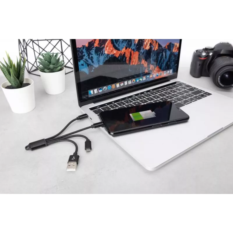 DIGITUS USB charger cable USB A - Lightning+micro B+Type-C M/M/M/M 15cm 3 in 1 cable, cotton, CE, black
