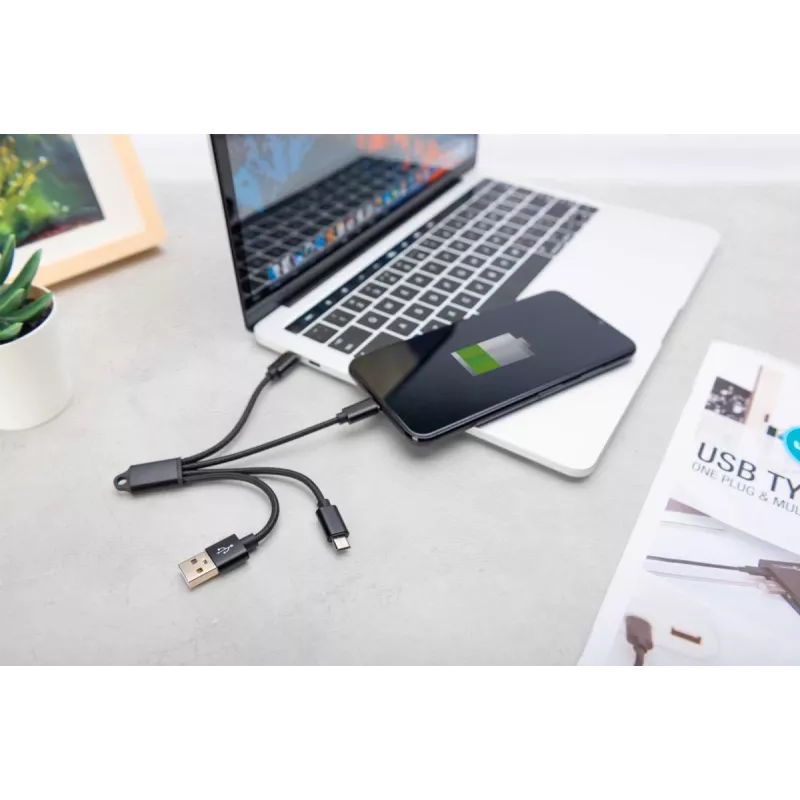 DIGITUS USB charger cable USB A - Lightning+micro B+Type-C M/M/M/M 15cm 3 in 1 cable, cotton, CE, black