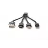 DIGITUS USB charger cable USB A - Lightning+micro B+Type-C M/M/M/M 15cm 3 in 1 cable, cotton, CE, black