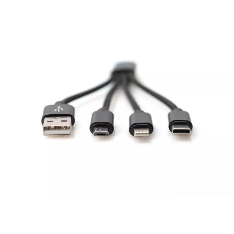 DIGITUS USB charger cable USB A - Lightning+micro B+Type-C M/M/M/M 15cm 3 in 1 cable, cotton, CE, black