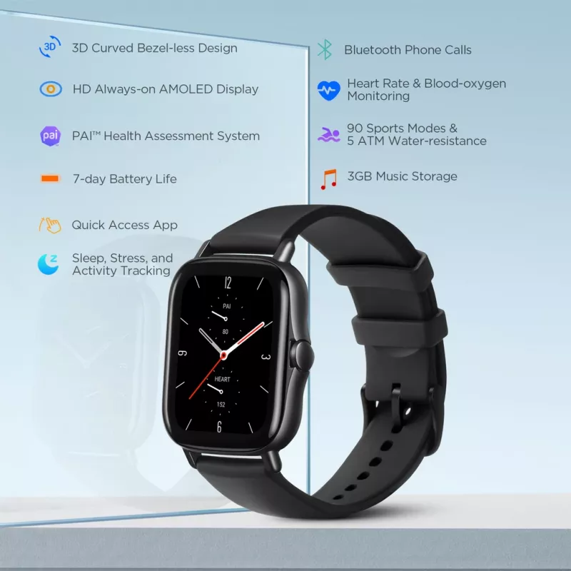 Amazfit GTS 2 4.19 cm (1.65 inch) AMOLED 43 mm Digital 348 x 442 pixels Touchscreen Black Wi-Fi GPS (satellite)