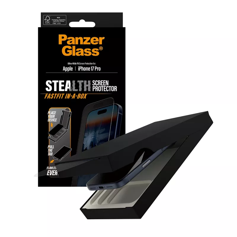 PanzerGlass ® Stealth Screen Protector iPhone 17 Pro | Ultra-Wide Fit w. FASTFIT IN-A-BOX