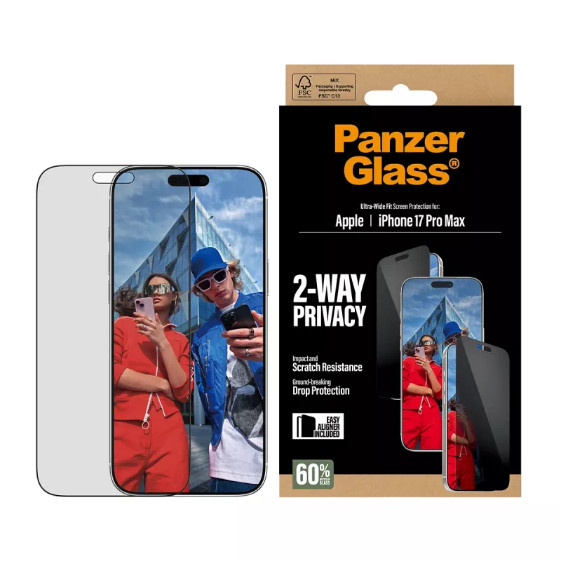 Screen protector PanzerGlass 2-Way Privacy for iPhone 17 Pro Max — tempered glass, ultra-wide fit, EasyAligner