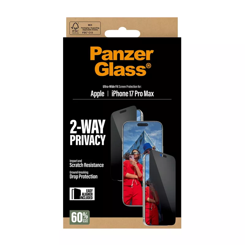 Screen protector PanzerGlass 2-Way Privacy for iPhone 17 Pro Max — tempered glass, ultra-wide fit, EasyAligner