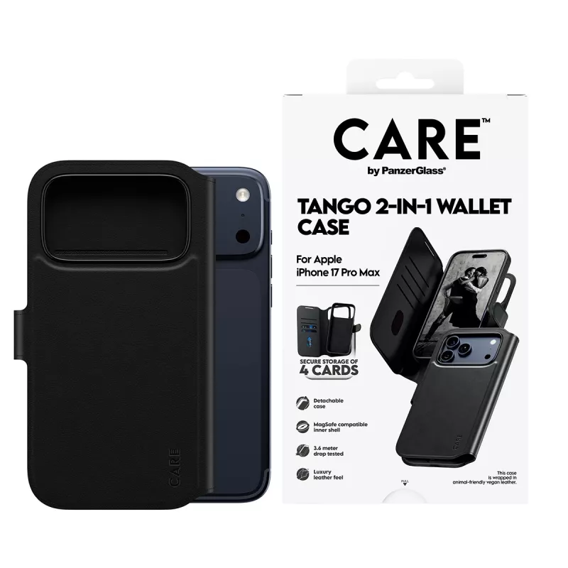 Protective two-in-one wallet cover PanzerGlass CARE Feature Case Tango with MagSafe for iPhone 17 Pro Max, black