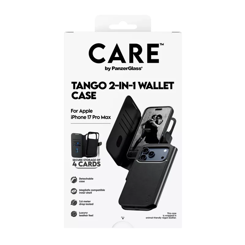 Protective two-in-one wallet cover PanzerGlass CARE Feature Case Tango with MagSafe for iPhone 17 Pro Max, black