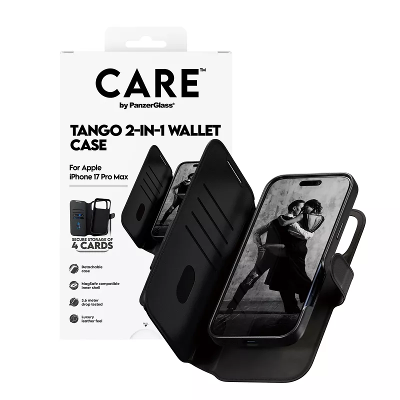 Protective two-in-one wallet cover PanzerGlass CARE Feature Case Tango with MagSafe for iPhone 17 Pro Max, black