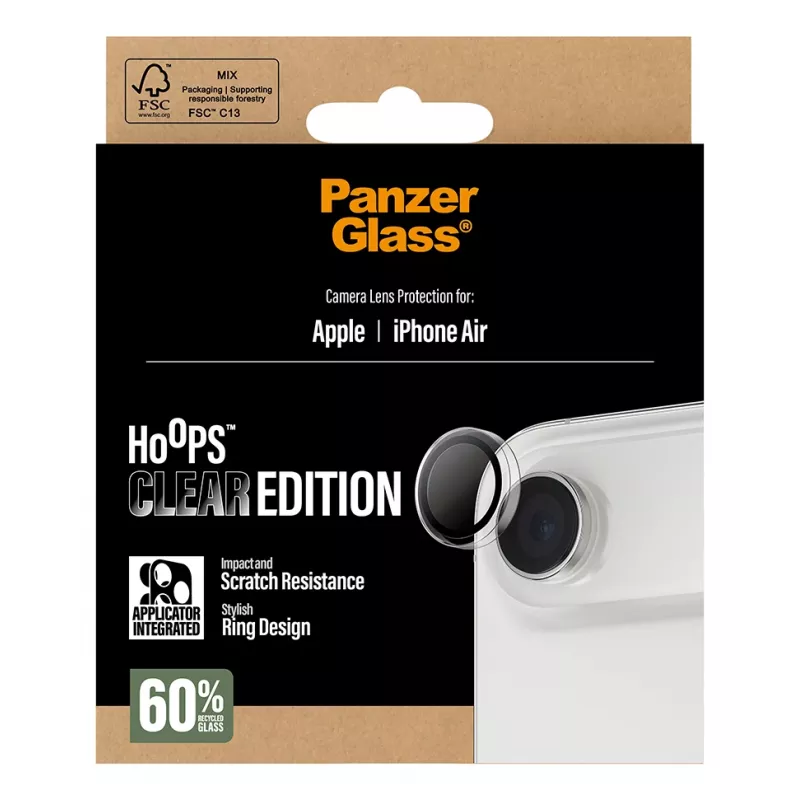 Camera lens protector PanzerGlass Hoops for iPhone Air — tempered glass & silicone, transparent, 1 pcs