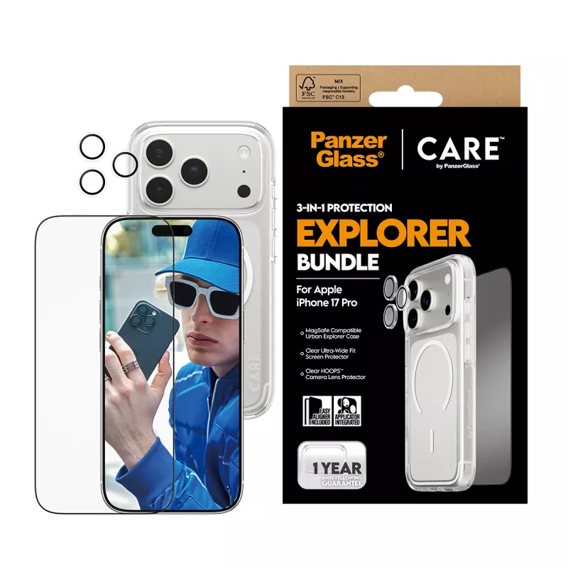Screen protection bundle PanzerGlass CARE 3-in-1 Flagship Explorer for iPhone 17 Pro — tempered glass, PET, silicone, transparent