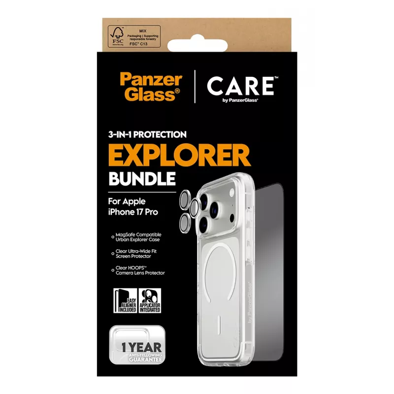 Screen protection bundle PanzerGlass CARE 3-in-1 Flagship Explorer for iPhone 17 Pro — tempered glass, PET, silicone, transparent