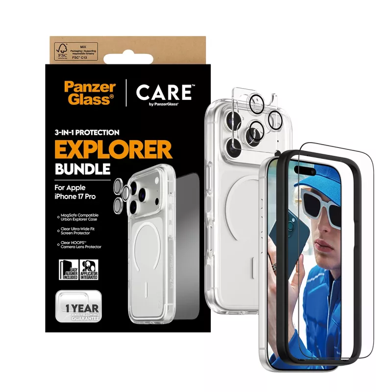 Screen protection bundle PanzerGlass CARE 3-in-1 Flagship Explorer for iPhone 17 Pro — tempered glass, PET, silicone, transparent