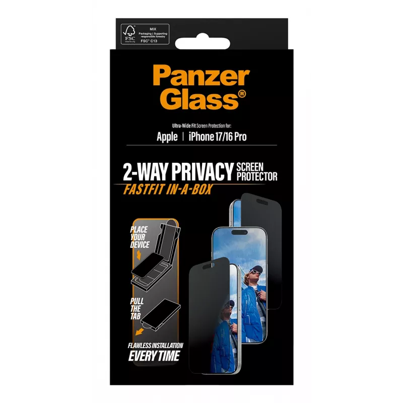 Privacy Screen Protector PanzerGlass for iPhone 17 / iPhone 16 Pro — Ultra-Wide Fit, Tempered Glass + PET, FASTFIT