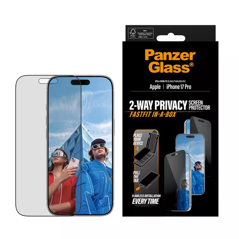 Screen protector PanzerGlass 2-Way Privacy for iPhone 17 Pro — Ultra-Wide Fit, tempered glass, privacy filter, FASTFIT