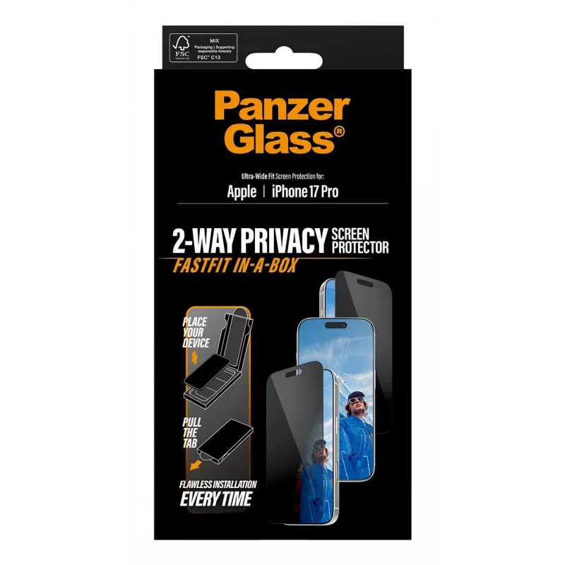 Screen protector PanzerGlass 2-Way Privacy for iPhone 17 Pro — Ultra-Wide Fit, tempered glass, privacy filter, FASTFIT