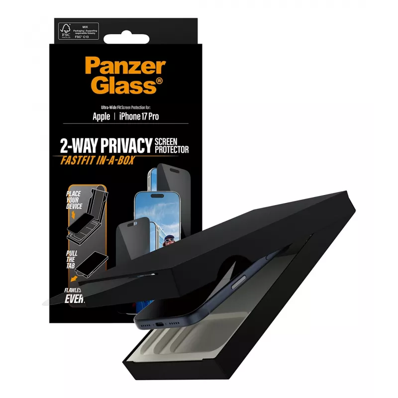 Screen protector PanzerGlass 2-Way Privacy for iPhone 17 Pro — Ultra-Wide Fit, tempered glass, privacy filter, FASTFIT