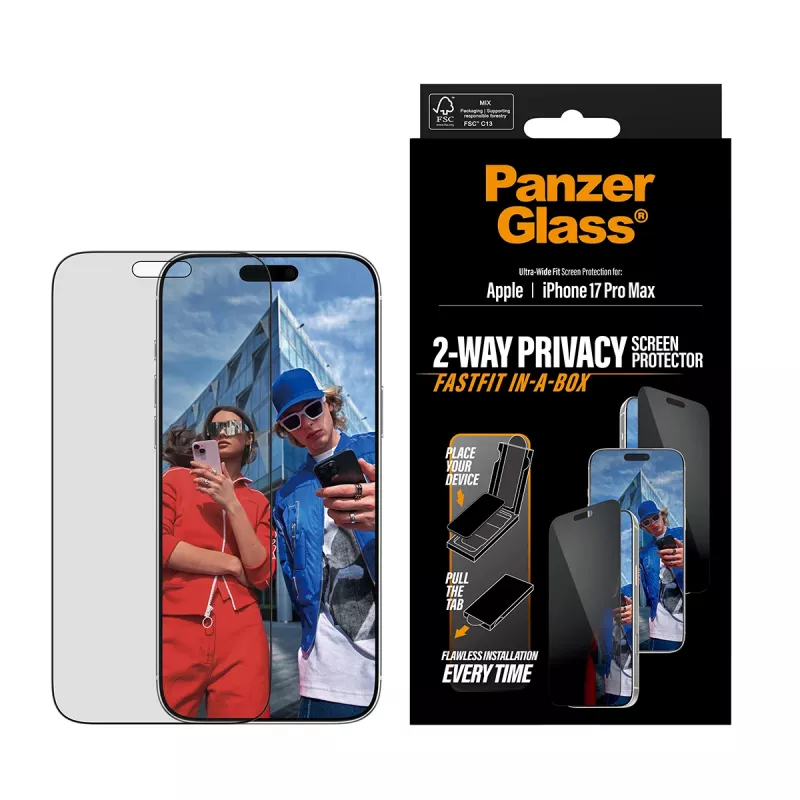 Screen Protector PanzerGlass 2-Way Privacy for iPhone 17 Pro Max — Tempered Glass, Ultra-Wide Fit, FASTFIT