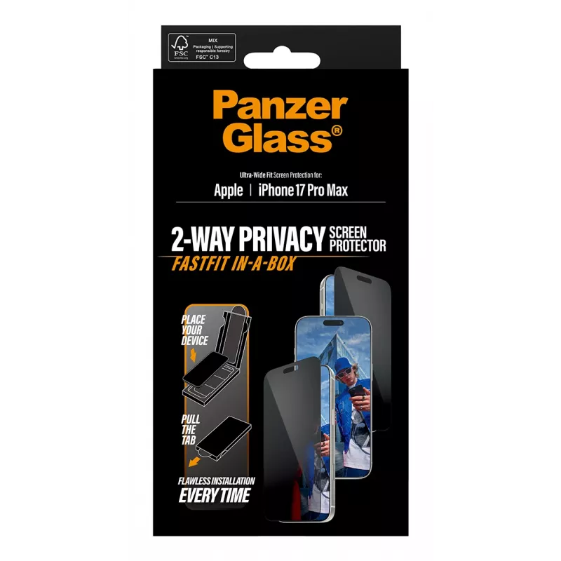 Screen Protector PanzerGlass 2-Way Privacy for iPhone 17 Pro Max — Tempered Glass, Ultra-Wide Fit, FASTFIT