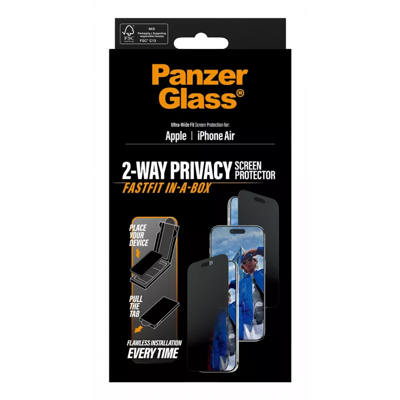 Screen protector PanzerGlass Privacy for iPhone Air — tempered glass, ultra-wide fit, privacy filter, FASTFIT