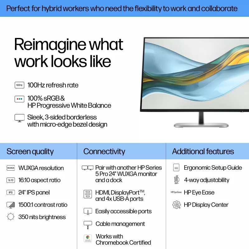 HP Series 5 Pro 24 inch WUXGA Monitor - 524pn, 61 cm (24 inch), 1920 x 1200 pixels, WUXGA, LCD, 5 ms, Black