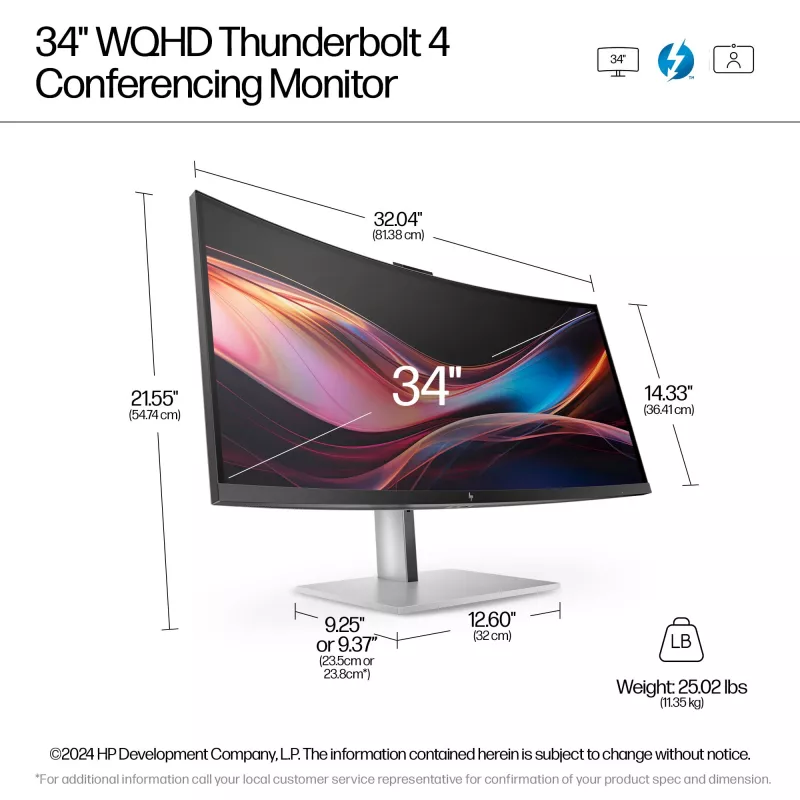 HP Series 7 Pro 34 inch WQHD Conferencing Monitor - 734pm, 86.4 cm (34 inch), 3440 x 1440 pixels, Wide Quad HD, LCD, 5 ms, Black, Silver