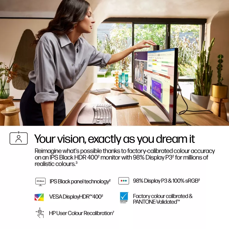 HP Series 7 Pro 34 inch WQHD Conferencing Monitor - 734pm, 86.4 cm (34 inch), 3440 x 1440 pixels, Wide Quad HD, LCD, 5 ms, Black, Silver