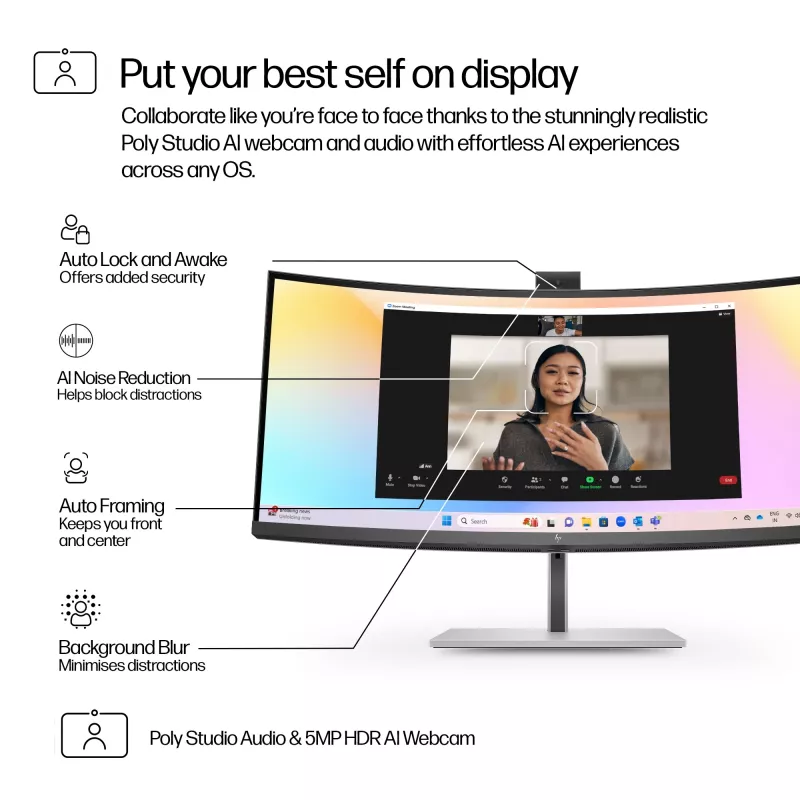 HP Series 7 Pro 34 inch WQHD Conferencing Monitor - 734pm, 86.4 cm (34 inch), 3440 x 1440 pixels, Wide Quad HD, LCD, 5 ms, Black, Silver