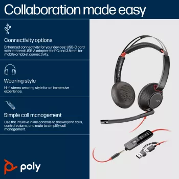 HP Poly Blackwire 5220 Stereo USB-C Headset +3.5mm Plug +USB-C/A Adapter