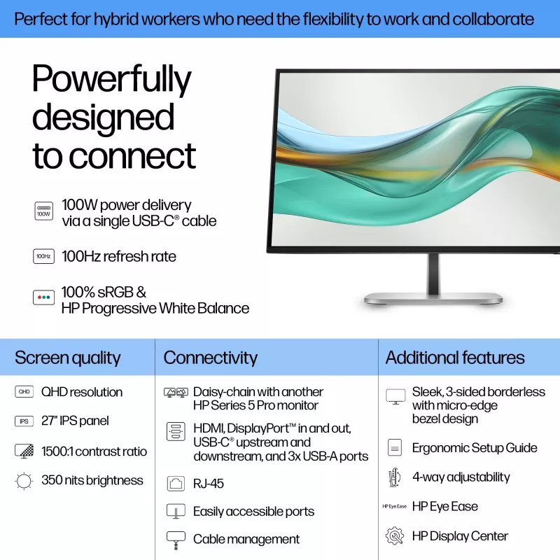 HP Series 5 Pro 27 inch QHD USB-C Monitor LCD 2560 x 1440