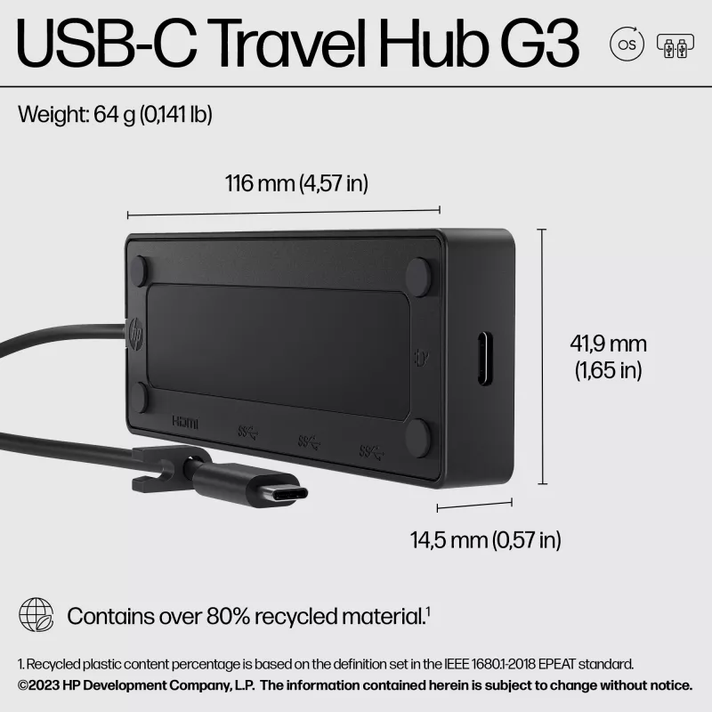 HP USB-C Travel Hub G3, Wired, USB 3.2 Gen 2 (3.1 Gen 2) Type-C, 60 Hz, HDMI, USB 3.2 Gen 2 (3.1 Gen 2) Type-A, USB 3.2 Gen 2 (3.1 Gen 2) Type-C, Vietnam, USB-C