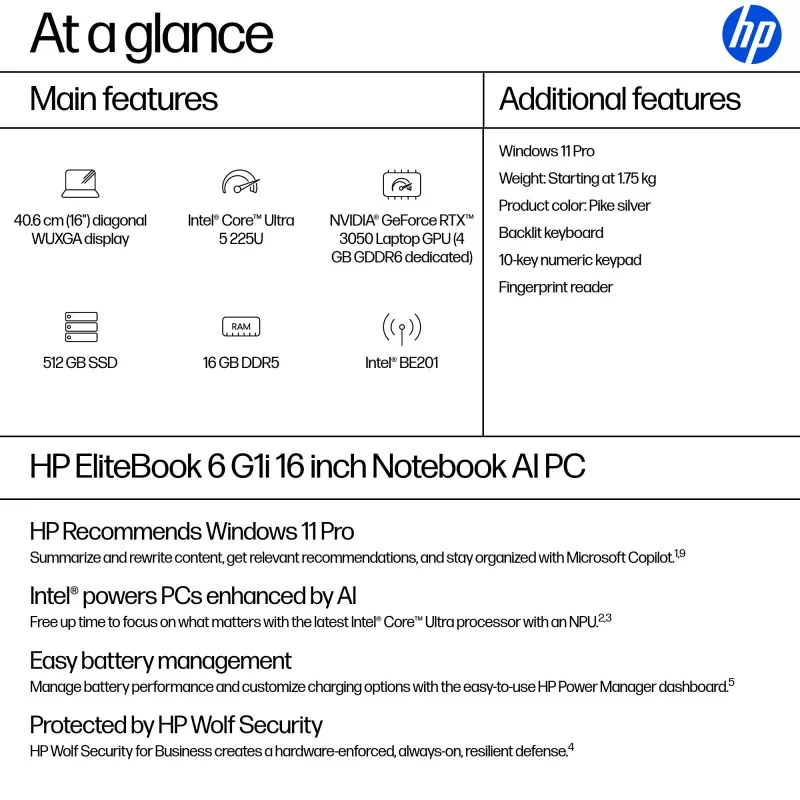 HP EliteBook 6 G1i AI Intel Core Ultra 5 225U Laptop 40.6 cm (16 inch) WUXGA 16 GB DDR5-SDRAM Wi-Fi 7 (802.11be) Windows 11 Pro AI PC Silver