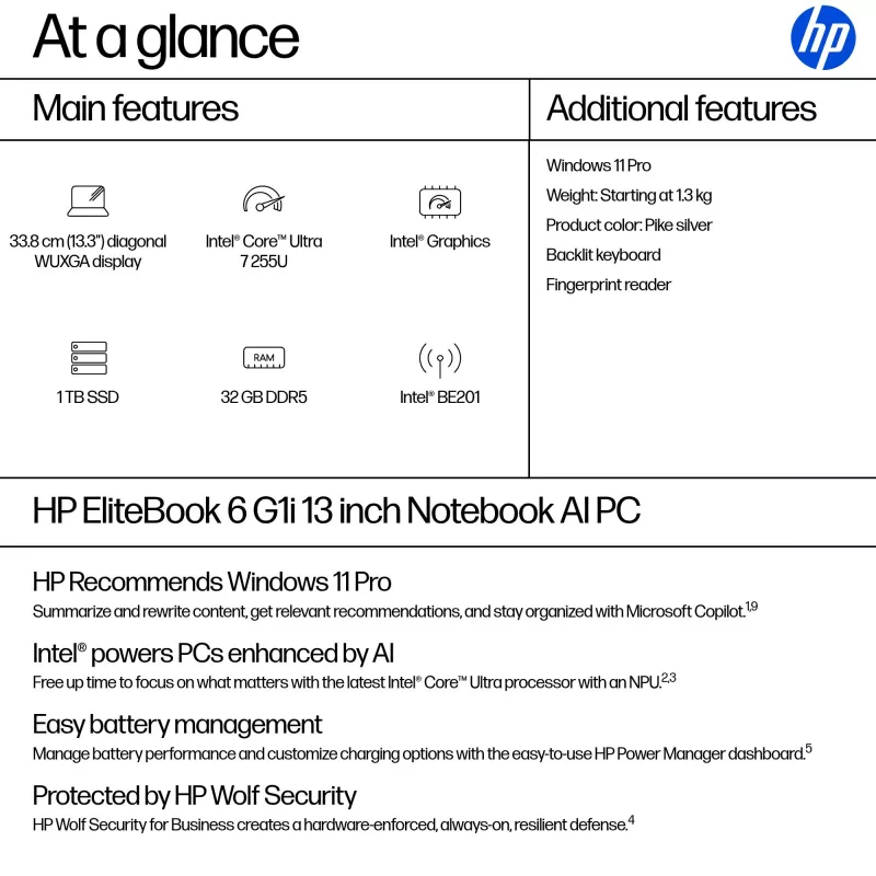 HP EliteBook 6 G1i AI PC Intel Core Ultra 7 255U Laptop 33.8 cm (13.3 inch) WUXGA 32 GB DDR5-SDRAM Wi-Fi 7 (802.11be) Windows 11 Pro Silver