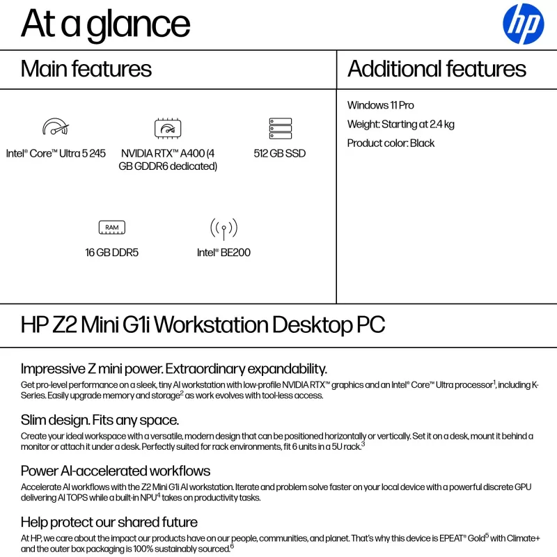 HP Z2 G1i Intel Core Ultra 5 245 16 GB DDR5-SDRAM NVIDIA RTX A400 Windows 11 Pro Mini PC Workstation AI Workstation, AI PC