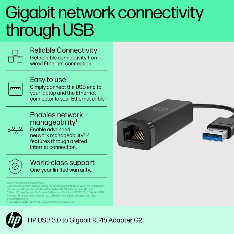 HP USB 3.0 to Gigabit RJ45 Adapter G2, Wired, USB, Ethernet, Black